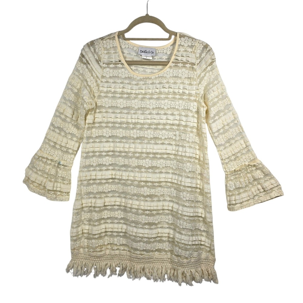 Camille & Co Cream‎ Floral Lace Tunic Mini Dress Fringe Bell Sleeve Small Sheer